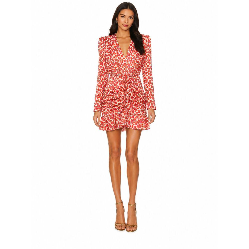 Revolve Selmacilek Mini Dress Sz Medium Ruched Orange Print Shoulder Pads Ruffle